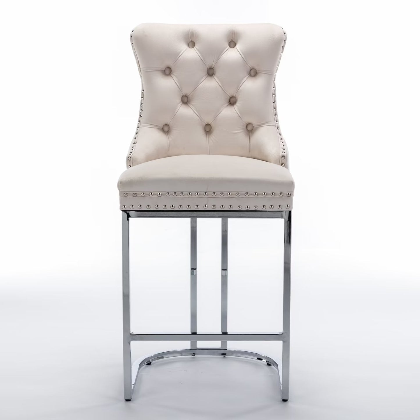 26inch Barstools Set of 2, Velvet Button Tufted Counter Height Bar Stools with Nail Head Trims, Upholstered Bar Chair with Wingback and Metal Footrest for Kitchen Island, Home Bar, Beige