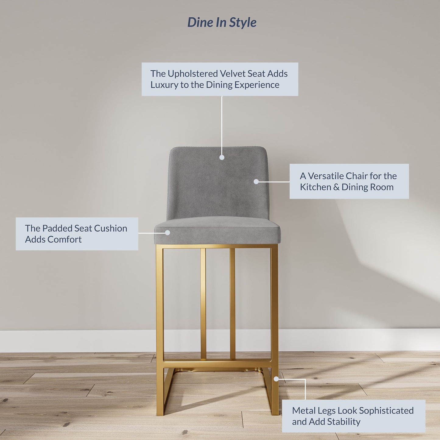 BELLEZE 24 Inch Barstools Counter Stools Set of 2, Upholstered Bar Stools with Gold Metal Frame, Modern Counter Height Chairs Kitchen Stools for Home and Restaurant - Hutton (Grey)