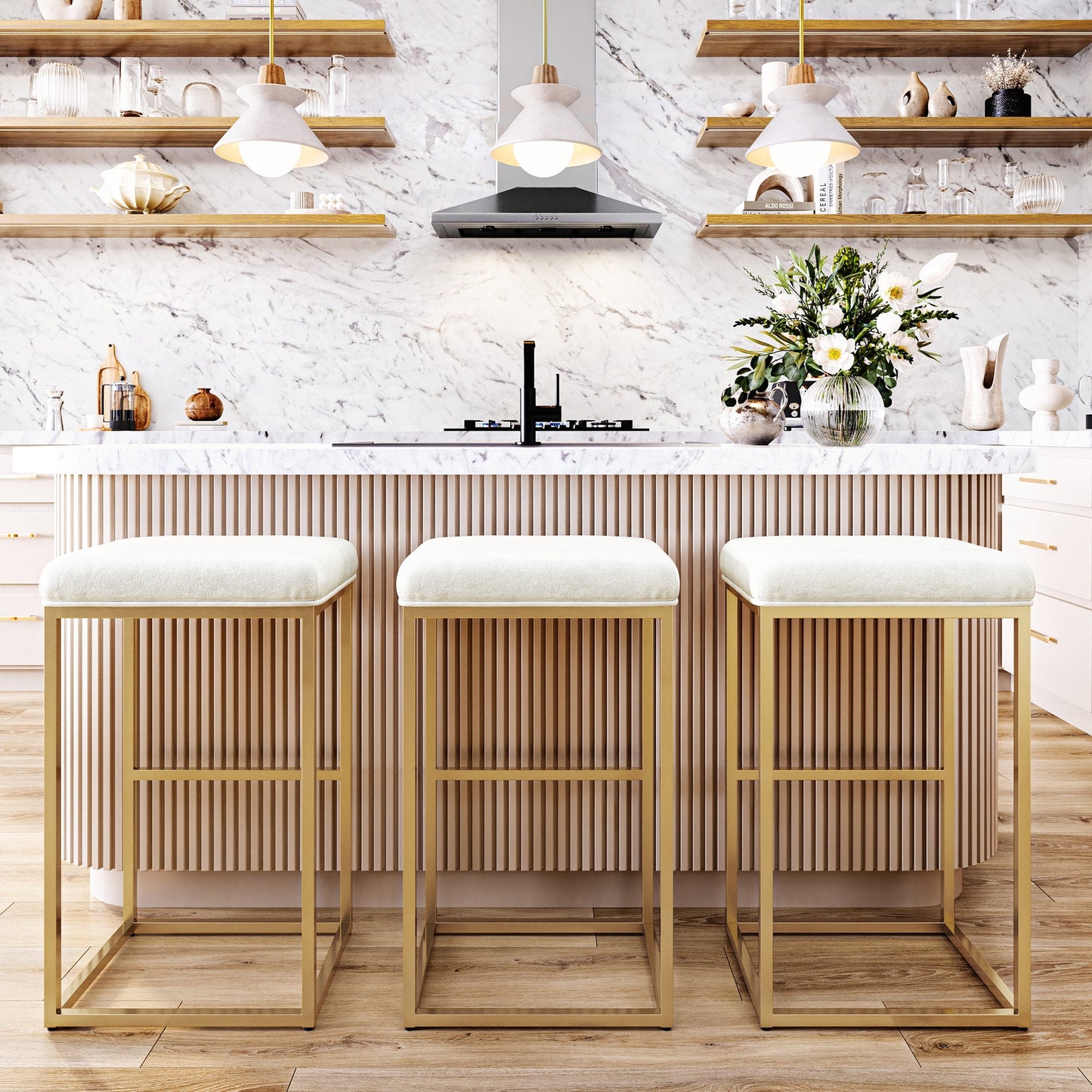 BELLEZE 30in Tall Industrial Bar Stools Set of 2, PU Leather Breakfast Seats, Counter Island Chairs for Bar Pub Bistro