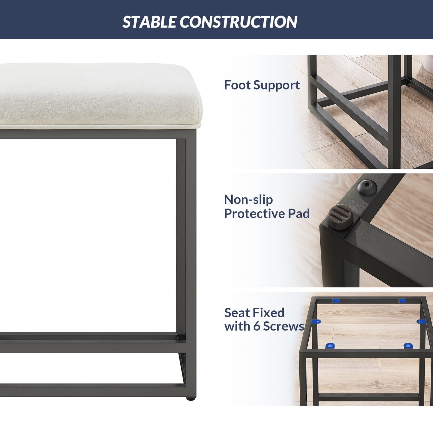 BELLEZE Set of 4, 24in Backless Bar Stools, Counter Height, PU Leather Upholstered, Metal Base, White & Black