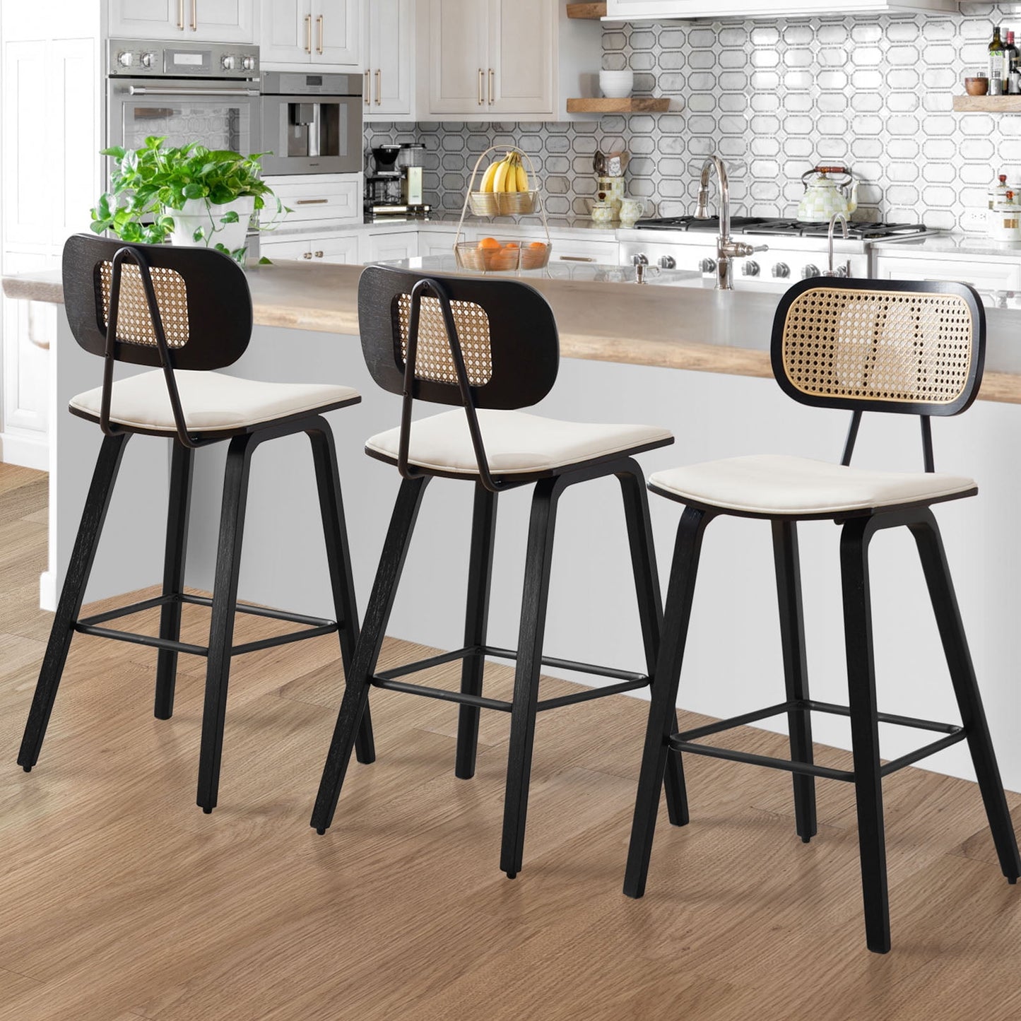 26in Counter Height Bar Stools with Rattan Back Set of 2, Mid Century Modern Wooden Stool PU Leather Upholstered Bar Chair for Kitchen Island Dining Room