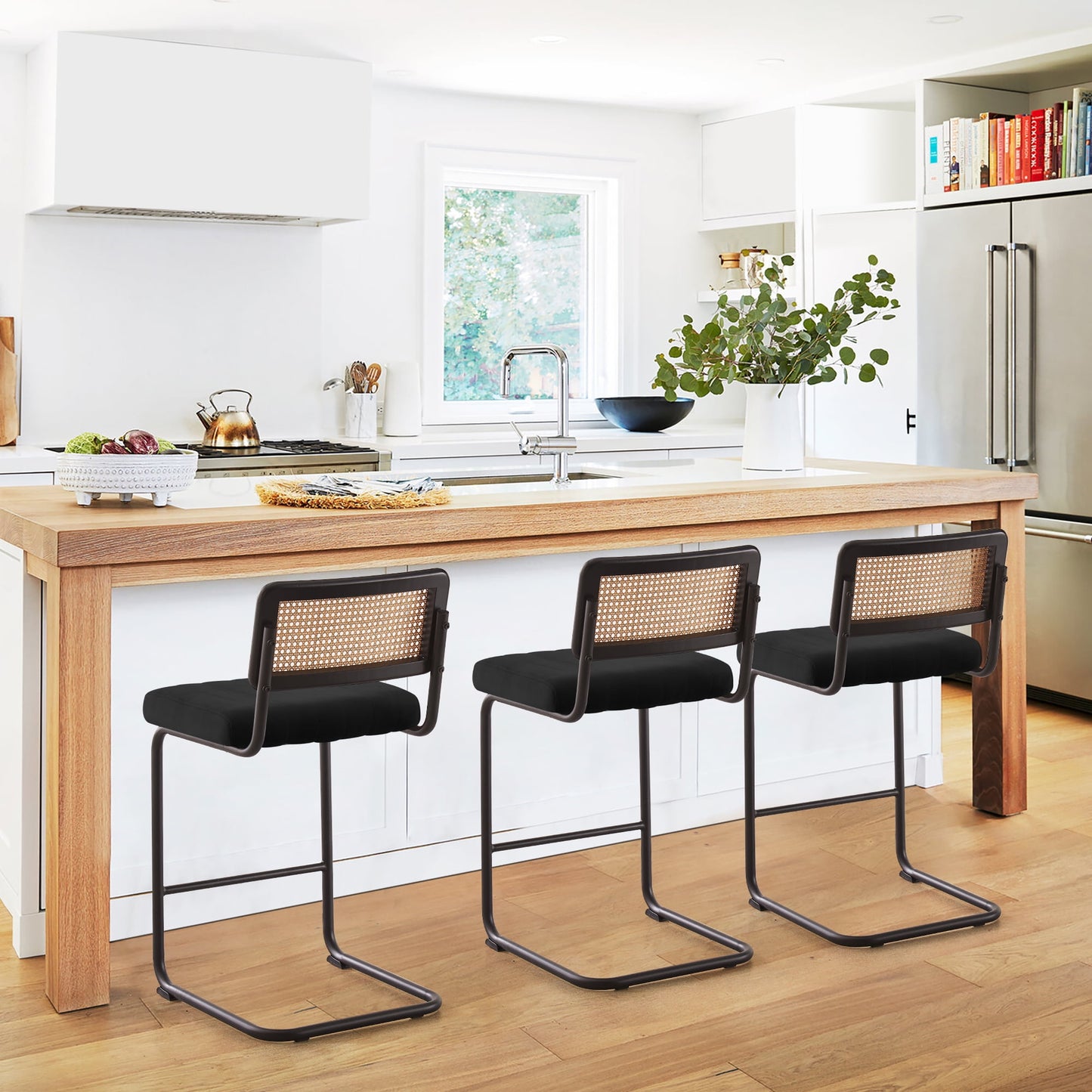 26in Rattan Bar Stools, Set of 2, Rattan Counter Height Velvet Armless Bar Stools with Cane Back for Home Office Kitchen Island