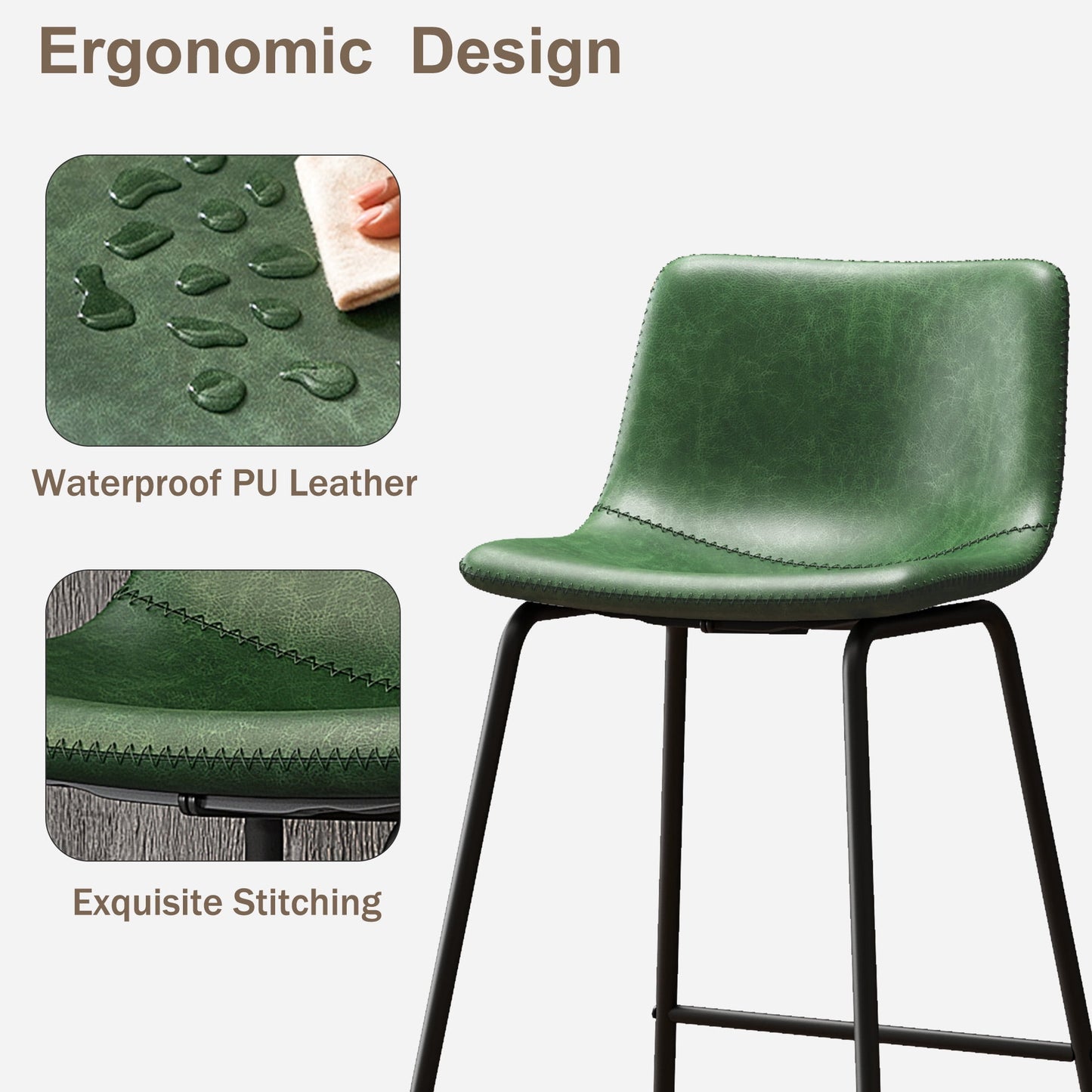 YaFiti Bar Stools 26in Faux Leather Counter Height Barstools with Back Set of 6, Modern Counter Stools with Metal Legs and Footrest, Armless Chairs with Back for Kitchen Living Room Pub, Green