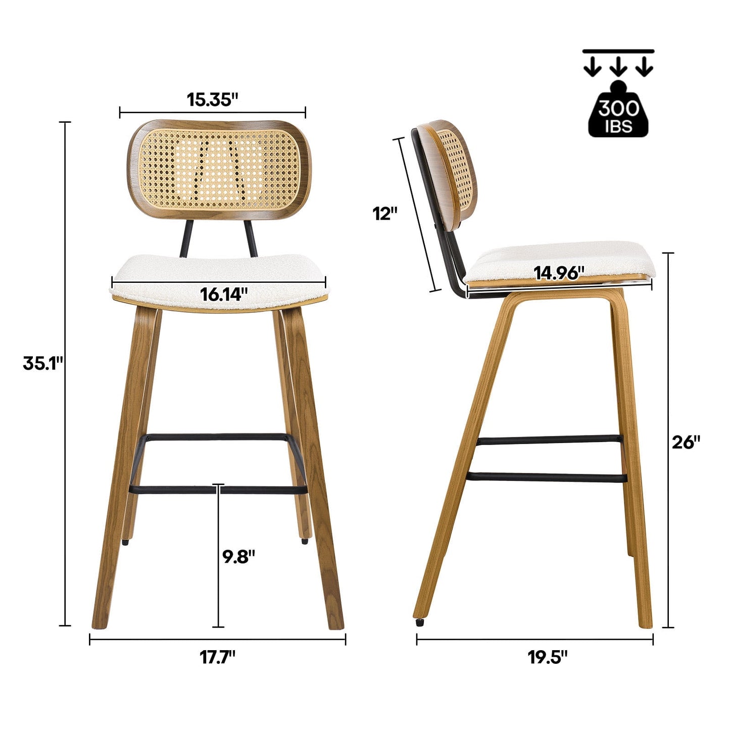 26in Counter Height Bar Stools with Rattan Back Set of 4, Mid Century Modern Wooden Stool Boucle Fabric Upholstered Bar Chair for Kitchen Island Dining Room