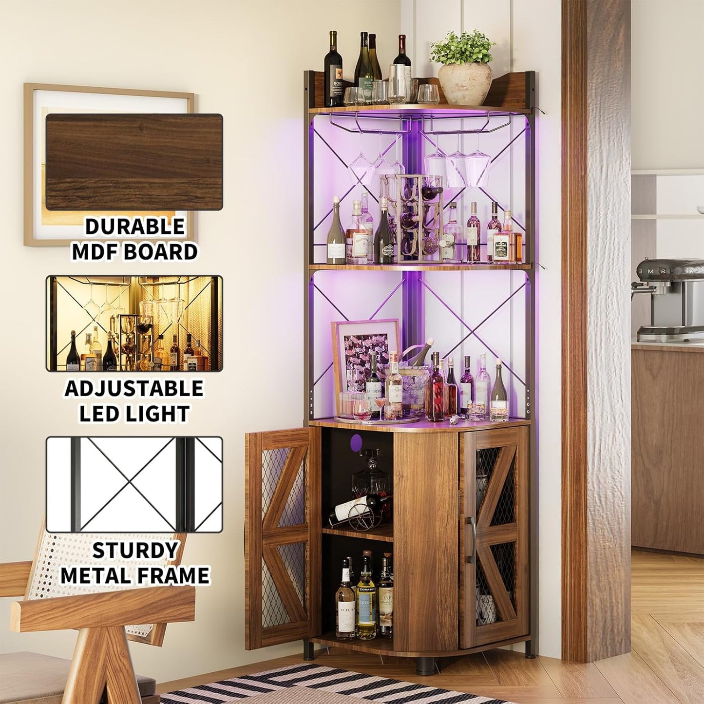 Linor 63in 5-Tier Corner Bar Cabinet with RGB LED Lights, Power Outlet, Glass Holder, Dark Walnut