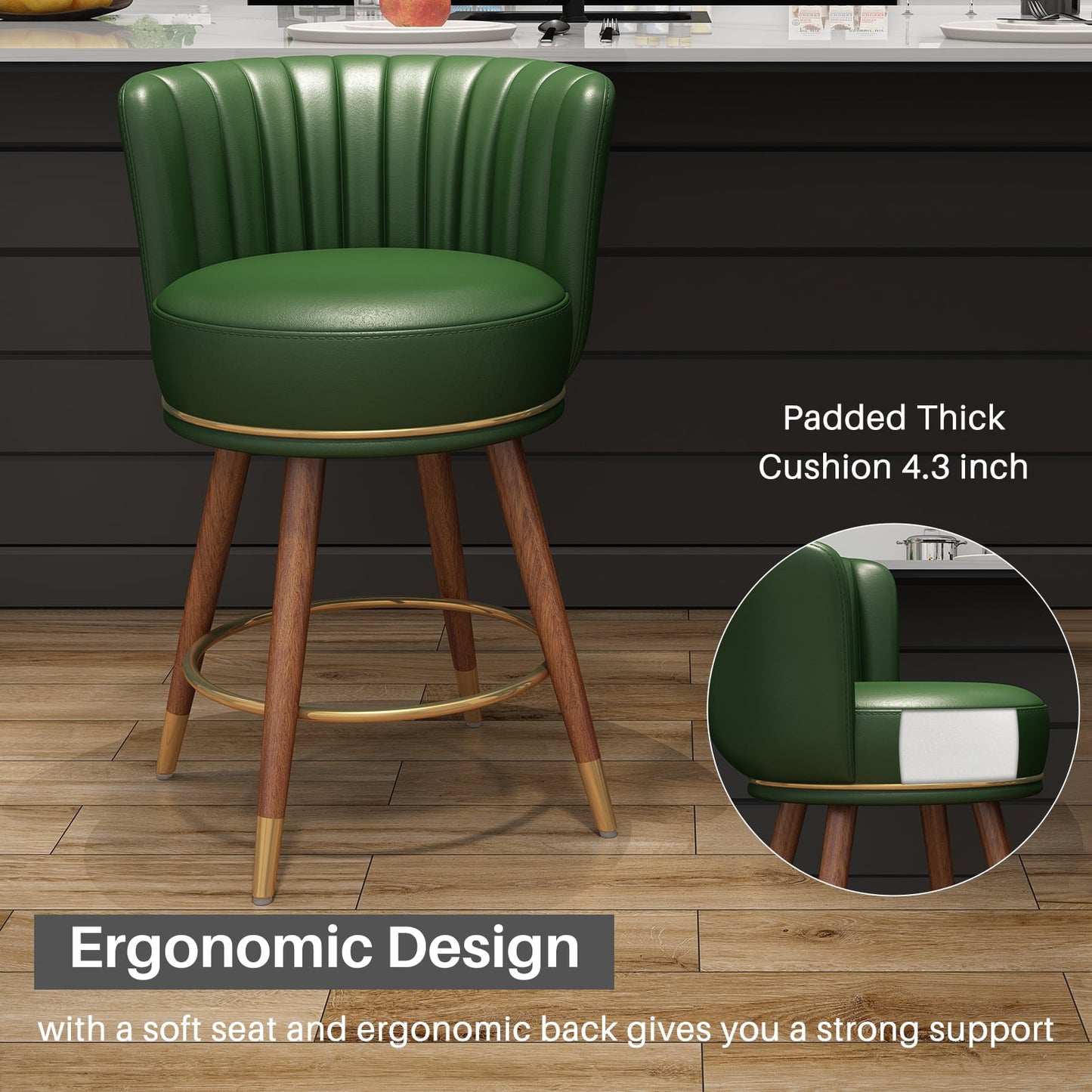 Leather 24 Bar Stools Set of 4 Swivel Pub Chairs with Curved Back, Wooden Legs, Green