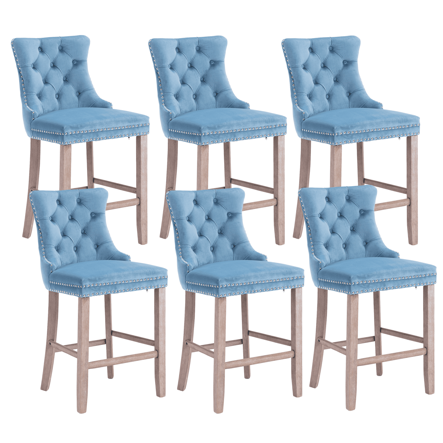 27in Contemporary Padded Bar Stools, Tufted Velvet Upholstered Barstools with Button Tufted Decoration, Chrome Nailhead Trim, Footrest and Solid Wood Legs (Light Blue,Set of 4)