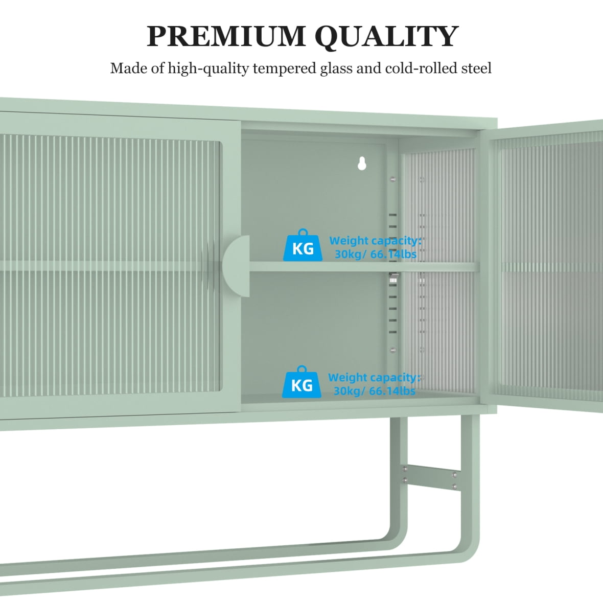 2-Tier Stylish Tempered Glass Cabinet, Fluted Glass Sideboard Buffet Cabinet with 2 Door, Modern Enclosed Cupboard Adjustable Shelf U-shaped Leg for Kitchen Living Room ,Blue