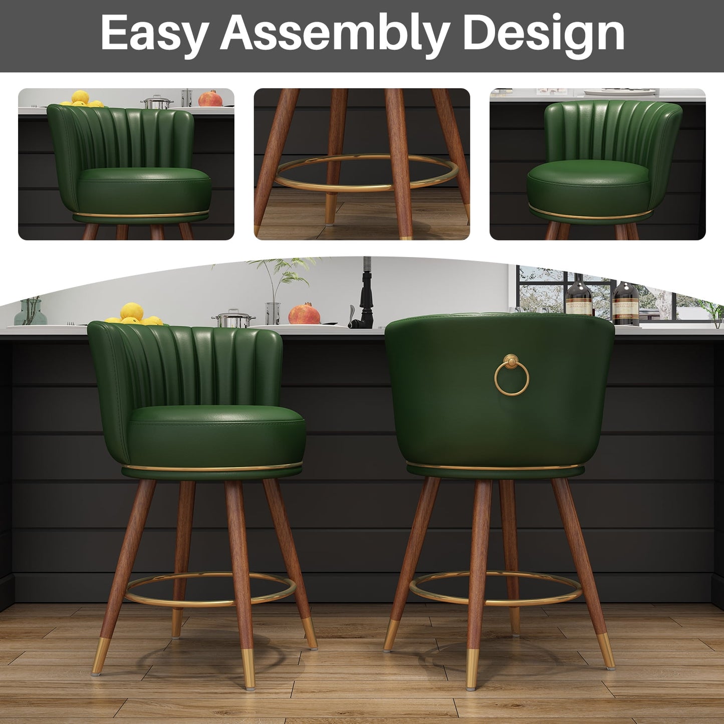 HomeZeer 24 Swivel Bar Stools Set of 2, Comfortable PU Leather Pub Chairs with Curved Back and Wood Legs, Green