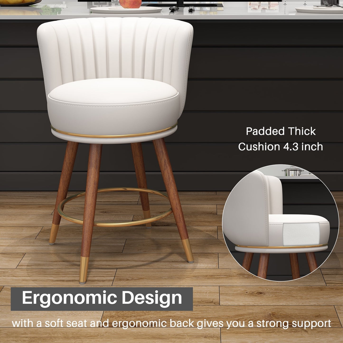 Set of 4 Leather 24 Swivel Bar Stools with Curved Back and Wood Legs, Counter Height Pub Chairs, White