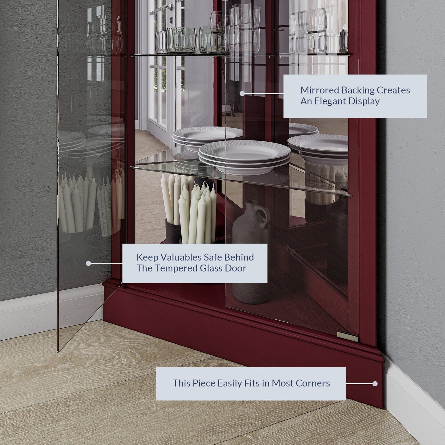 BELLEZE Corner Display Storage Cabinet with Light, Wood, Glass Door & 6 Shelves, Cherry