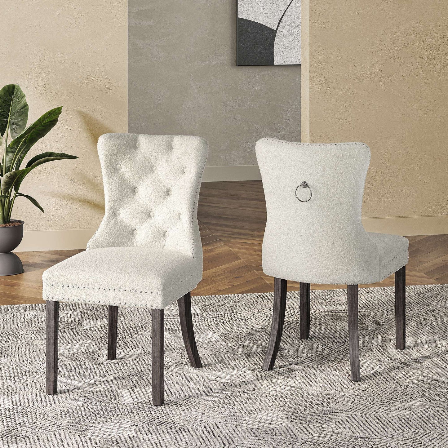 BELLEZE Upholstered Dining Chairs Set of 4, Teddy Fleece Luxury Dining Room Chairs with Button Back, Nailhead Trim, Pull-ring, Solid Wood Legs for Kitchen, Living Room, Restaurant - Chandler (White)