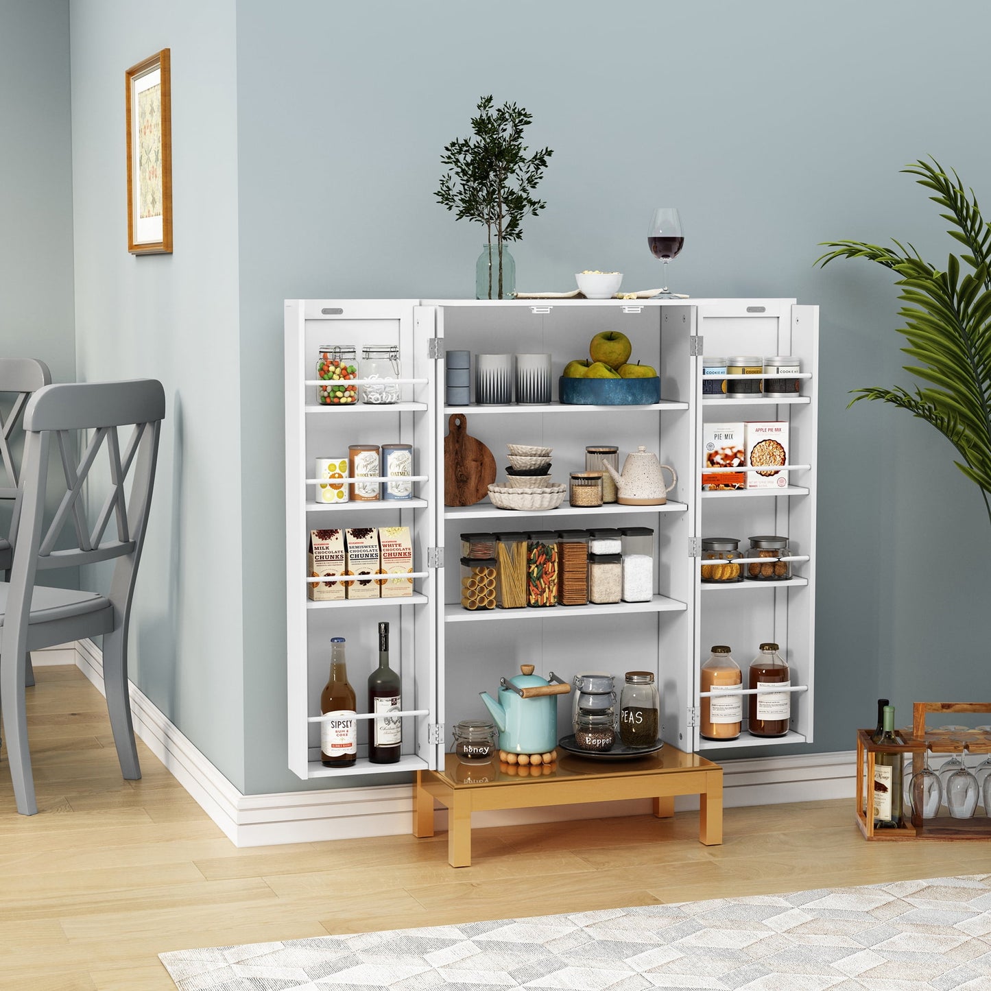 CBJCBJ 45in H Modern Kitchen Pantry Cabinet with 2-Door Adjustable Shelves and Golden Feet, White