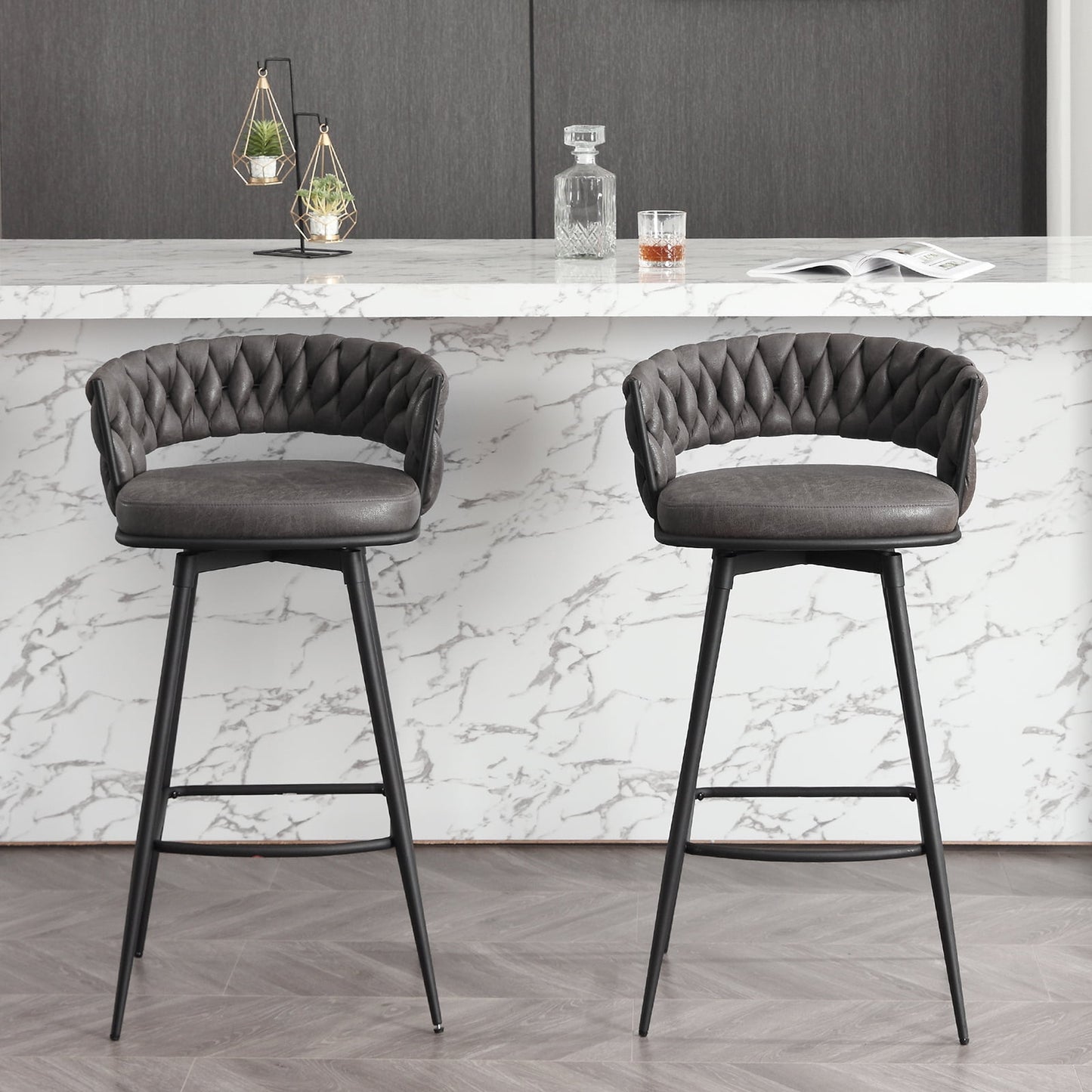 BFZ Bar Stools Set of 2, Counter Height Barstools with Woven Back and Footrest, 30in Modern Upholstered Kitchen Island Chairs for Cafe, Pub, Bar Counter, Blackgrey