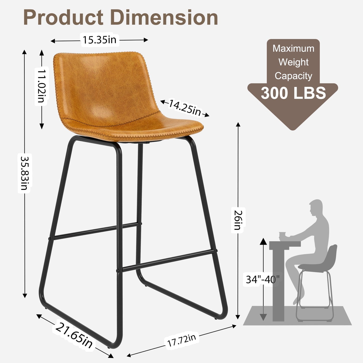 YaFiti Bar Stools 26in Faux Leather Counter Height Barstools with Back Set of 3, Modern Counter Stools with Metal Legs and Footrest, Armless Chairs with Back for Kitchen Living Room Pub, Whiskey Brown