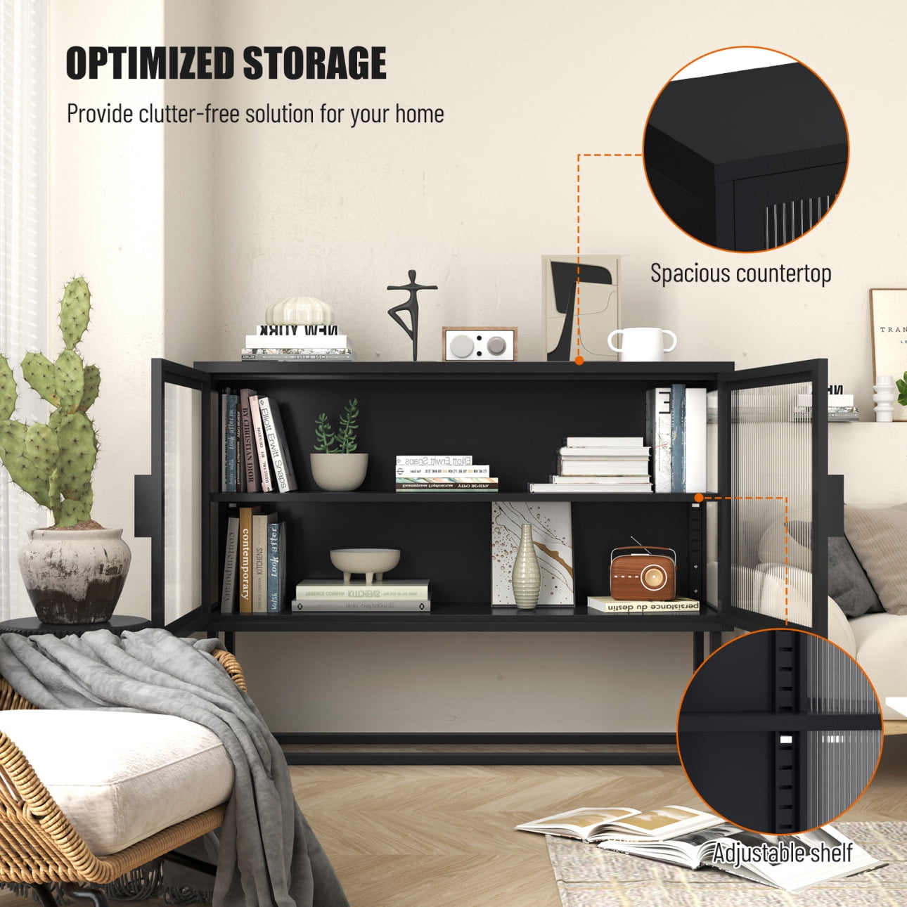 2-Tier Stylish Tempered Glass Cabinet, Fluted Glass Sideboard Buffet Cabinet with 2 Door, Modern Enclosed Cupboard Adjustable Shelf U-shaped Leg for Kitchen Living Room ,Blue