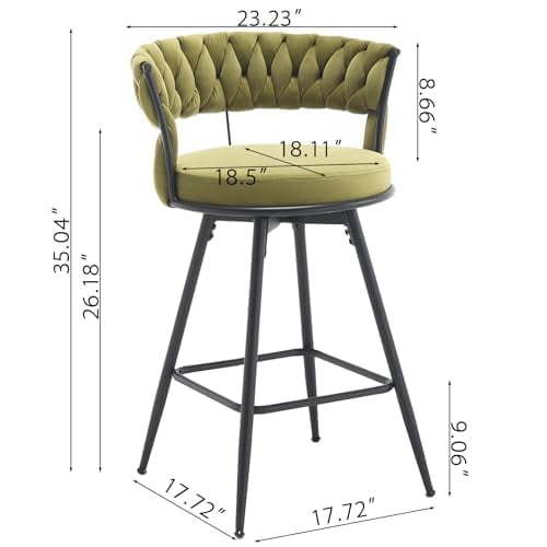 26 inch Bar Stool Set of 2, 360?? Swivel Counter Barstool with Backrest, Upholstered Hand-Woven Barstool, Modern Bar Chair with Footrest ,Green