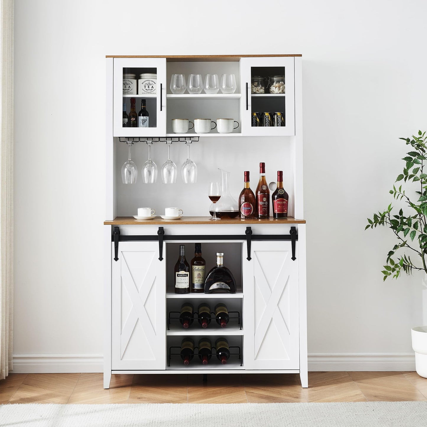 2024 New Farmhouse Coffee Bar Cabinet with Sliding Barn Door, 72in Tall Buffet Cabinet with Storage Shelves, Liquor Cabinet with Wine and Glasses Rack,Sideboard Cupboard for Kitchen,Dining Room