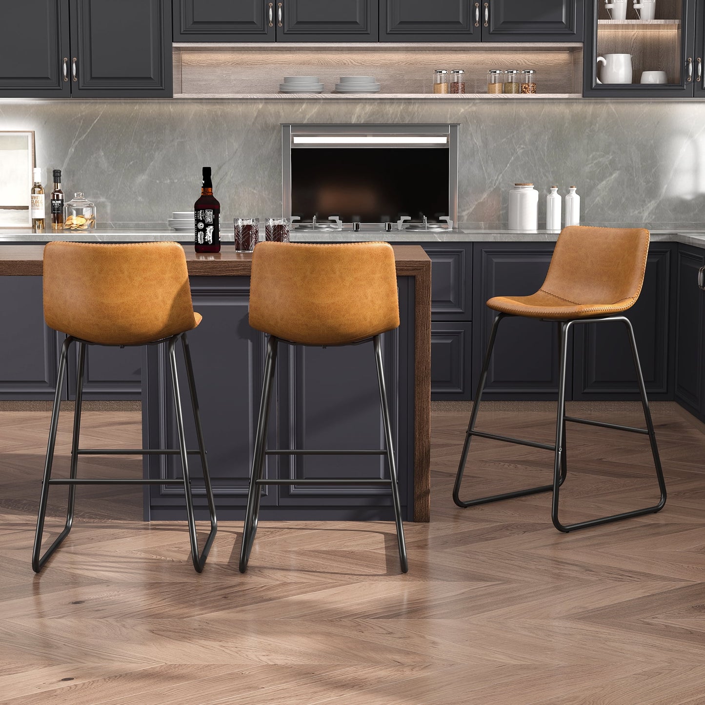 YaFiti Bar Stools 26in Faux Leather Counter Height Barstools with Back Set of 6, Modern Counter Stools with Metal Legs and Footrest, Armless Chairs with Back for Kitchen Living Room Pub, Whiskey Brown