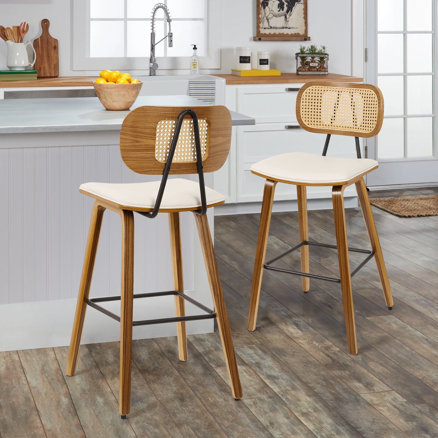 27.2in Counter Height Bar Stools with Rattan Back Set of 2, Mid Century Modern Wooden Stool PU Leather Upholstered Bar Chair for Kitchen Island Dining Room , White