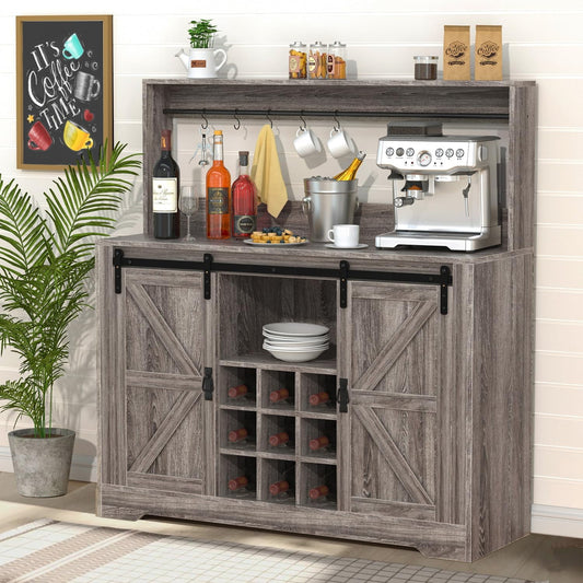 SNYNUXX 47?Æù Sideboard Cabinet, Storage Cabinet Buffet Table with Wine Rack & 6 Hooks, Storage for Kitchen and Living Room, Washed Gray