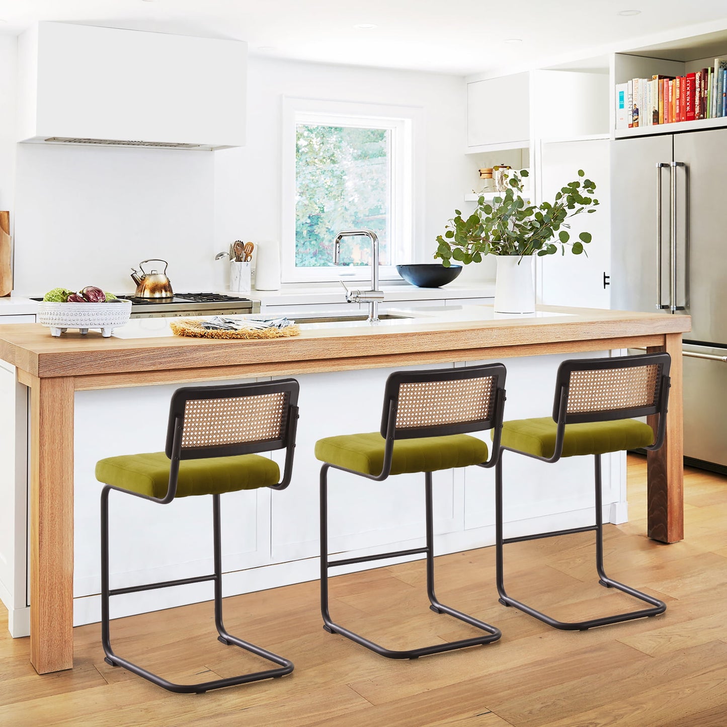 26in Rattan Bar Stools, Set of 2, Rattan Counter Height Velvet Armless Bar Stools with Cane Back for Home Office Kitchen Island