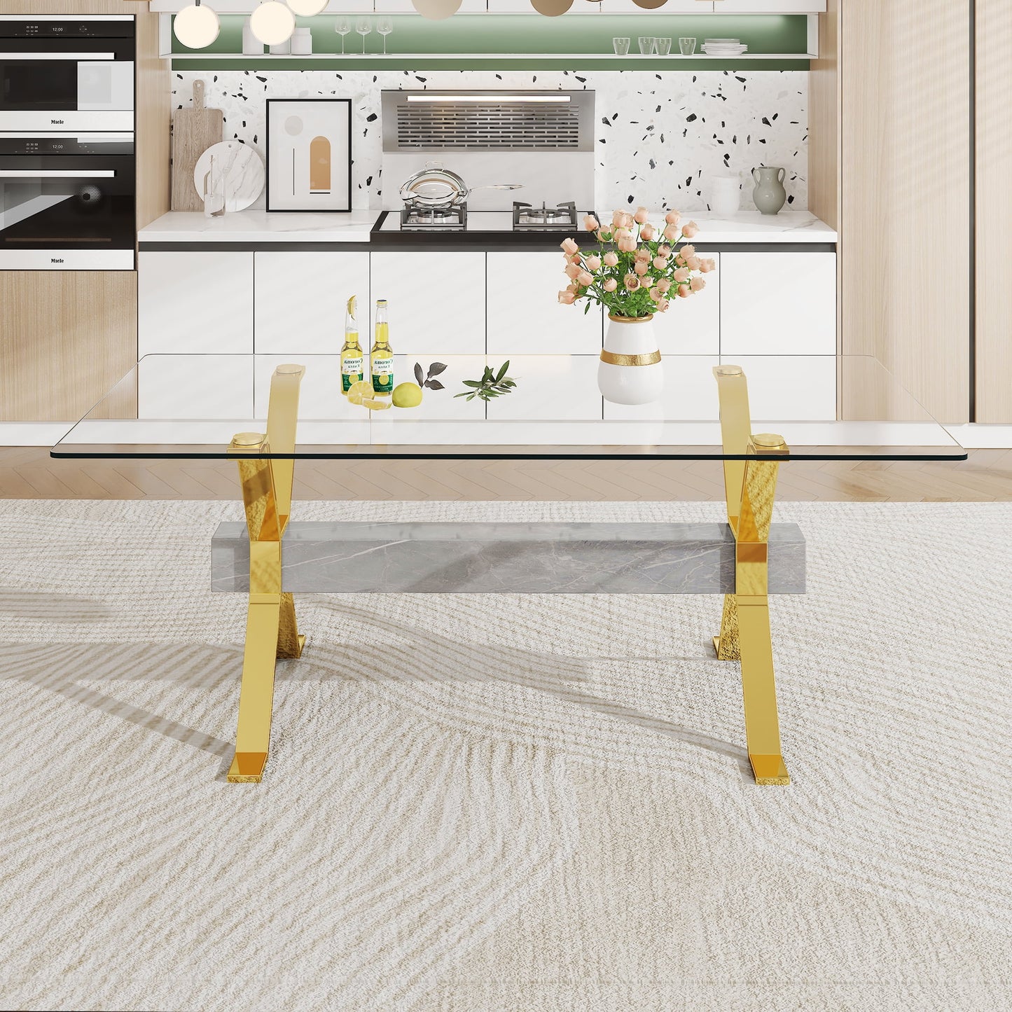 1 table and 6 chairs. Modern, simple and luxurious tempered glass rectangular dining table and desk with 6 white PU gold plated leg chairs 79in x39in x30in