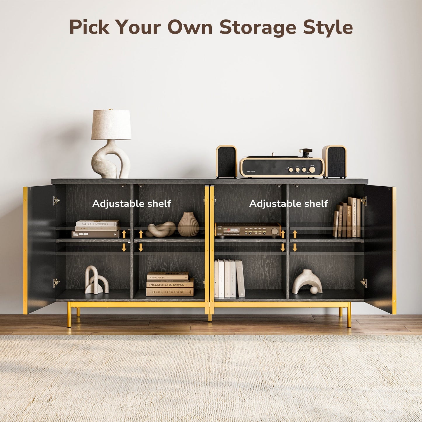 BELLEZE Sideboard Buffet Cabinet, 63in Storage Cabinet with 4 Doors and Adjustable Shelves, Sideboard Cabinet for Dinning Room, Kitchen & Living Room - Colemen (Ebony)