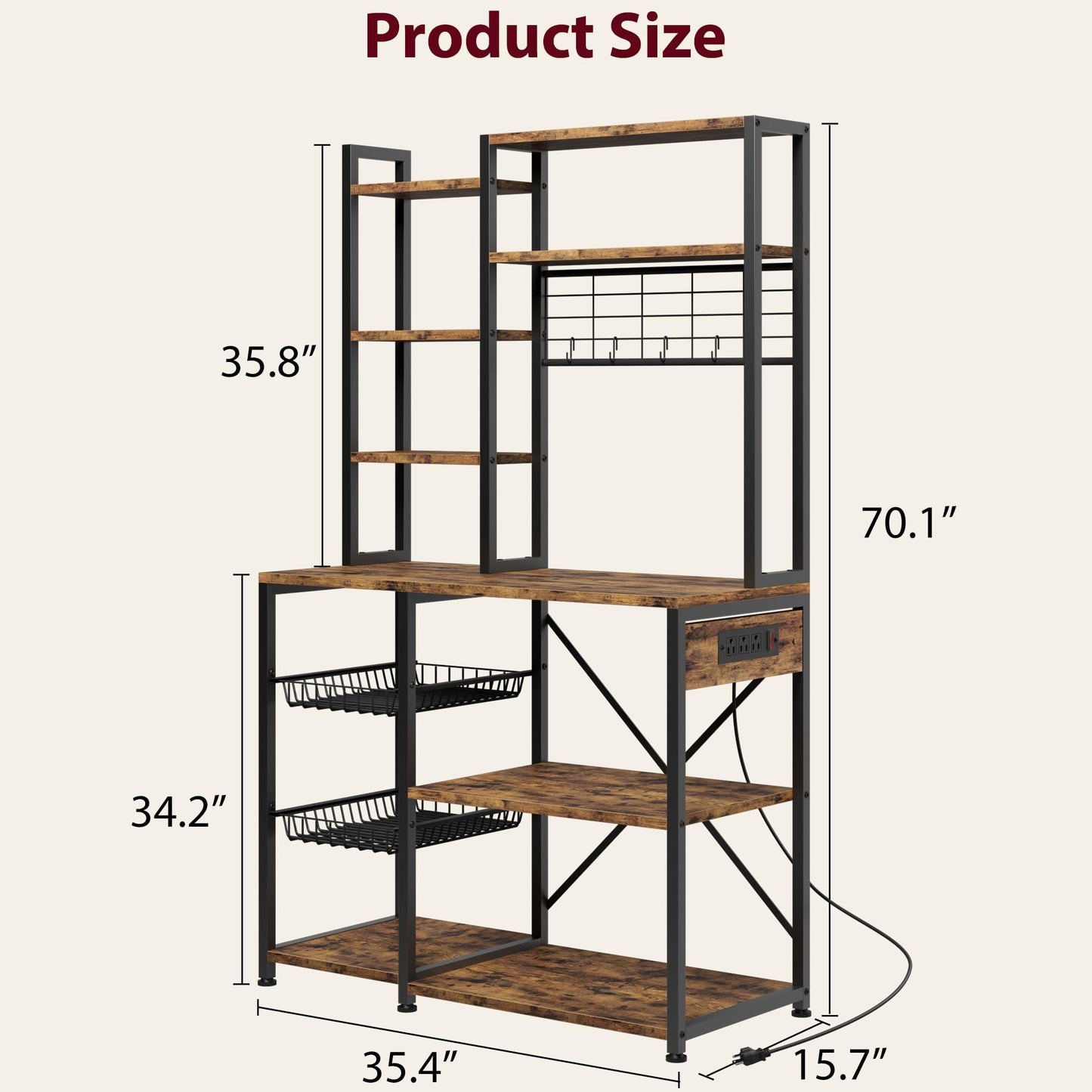 2024 New Standing Baker Rack with Power Output, 7-tier Kitchen Microwave Baker Rack with Storage, Microwave Oven Stand with Hook, Baker Rack for Kitchen, Dining Room