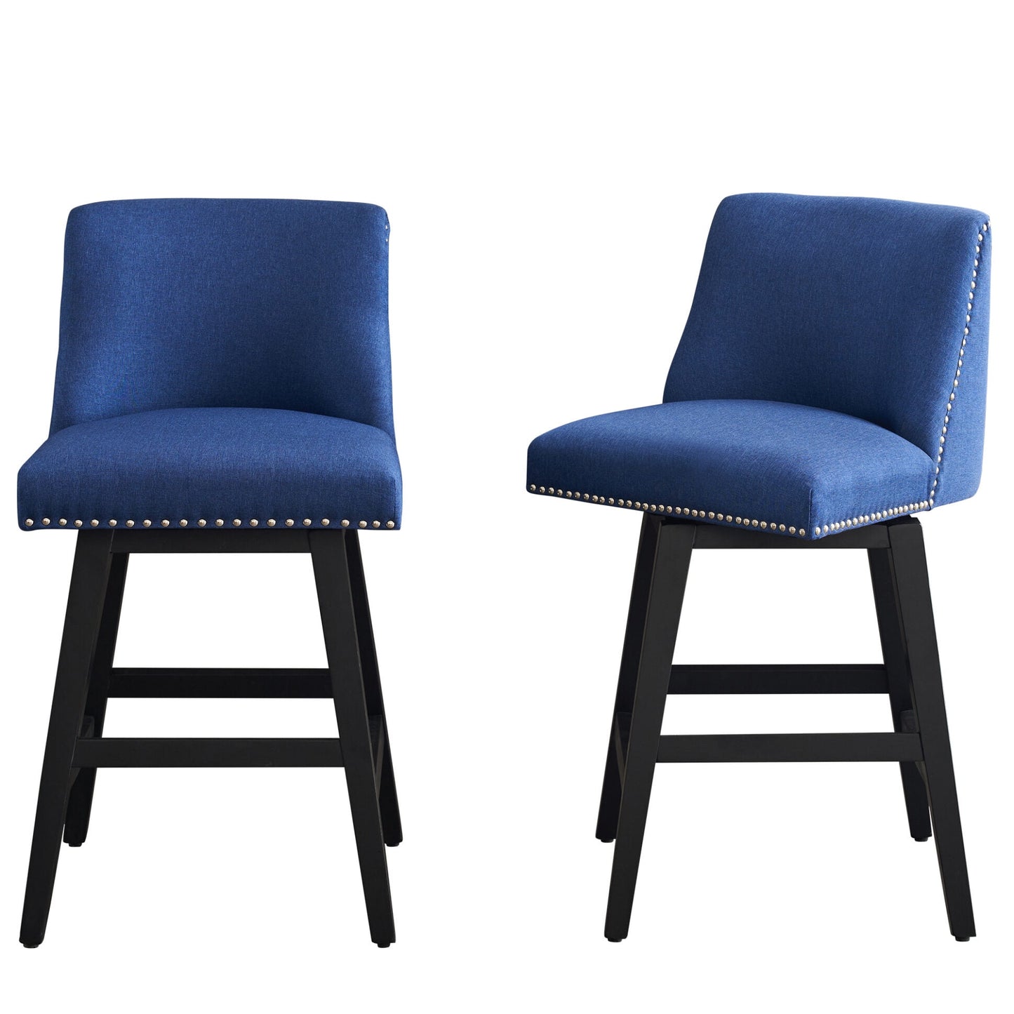 26in Swivel Bar Stools Set of 2, Counter Height Barstools with Nailhead Trims Back, Upholstered Bar Chairs with Wood Legs and Footrest, for Kitchen Island Bar Cafe, Blue