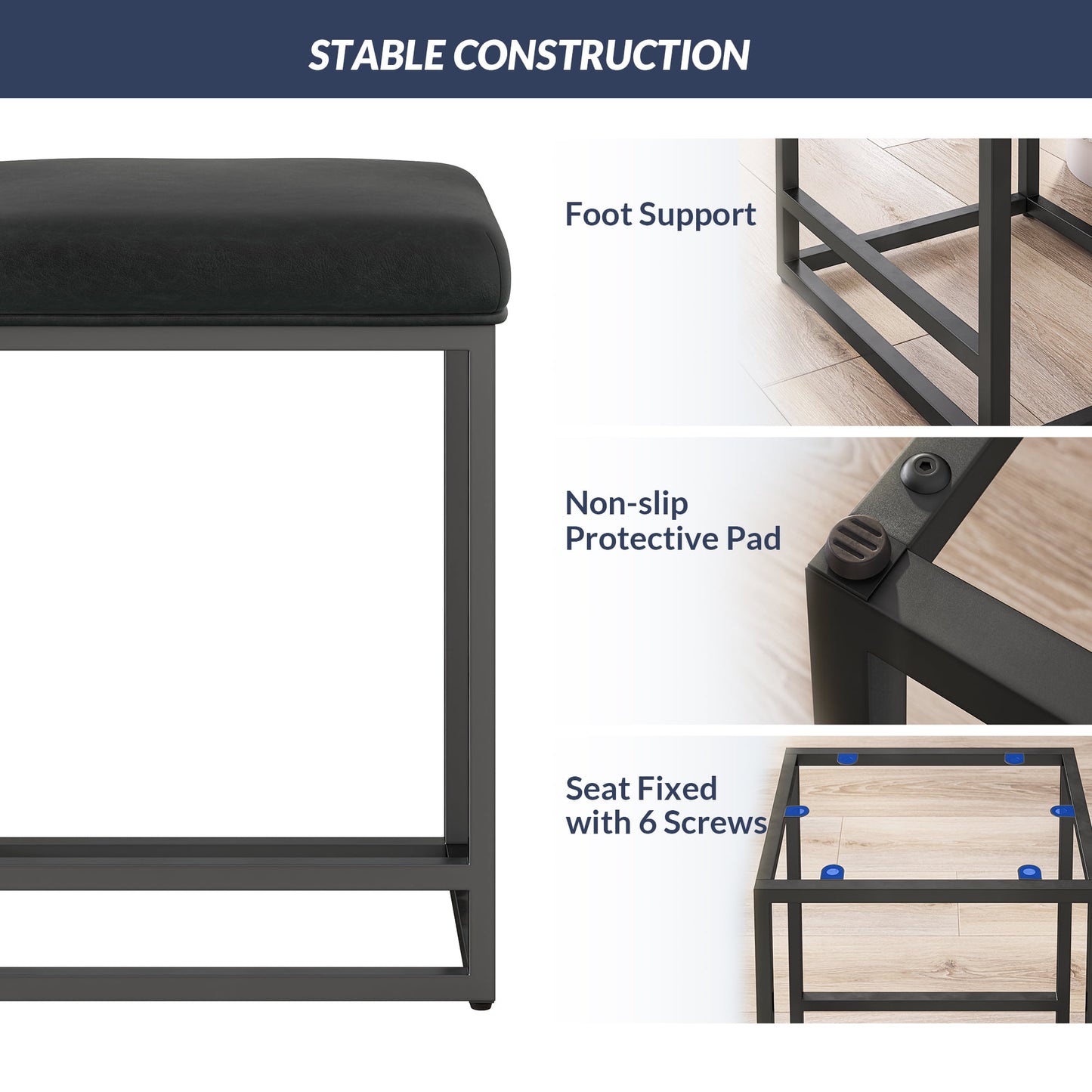 BELLEZE 24in Backless Bar Stools Set of 2, Counter Height Barstools, Modern Upholstered PU Leather Counter Stools with Metal Base Kitchen Island Chairs Dining Chair, Black & Black