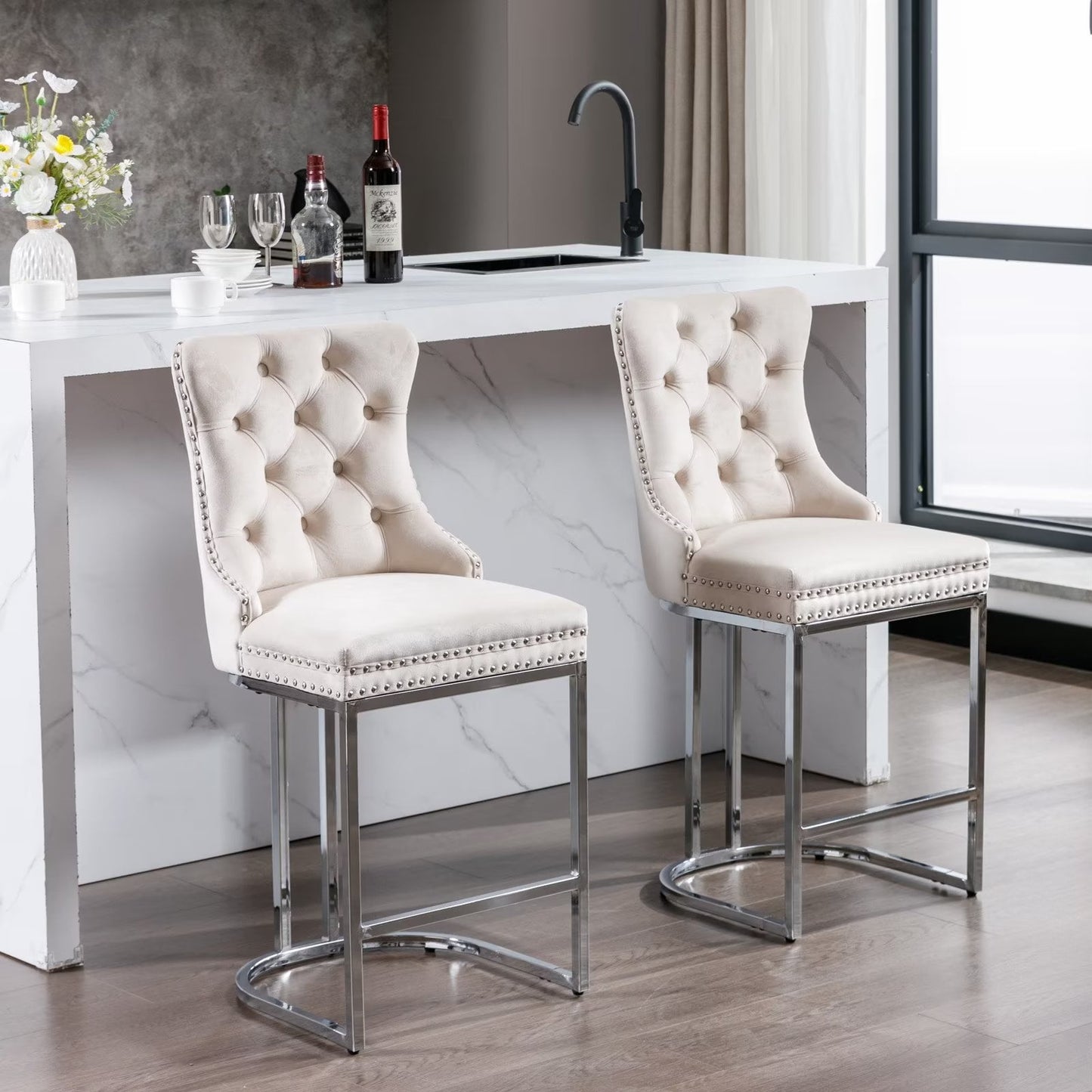 26inch Barstools Set of 2, Velvet Button Tufted Counter Height Bar Stools with Nail Head Trims, Upholstered Bar Chair with Wingback and Metal Footrest for Kitchen Island, Home Bar, Beige