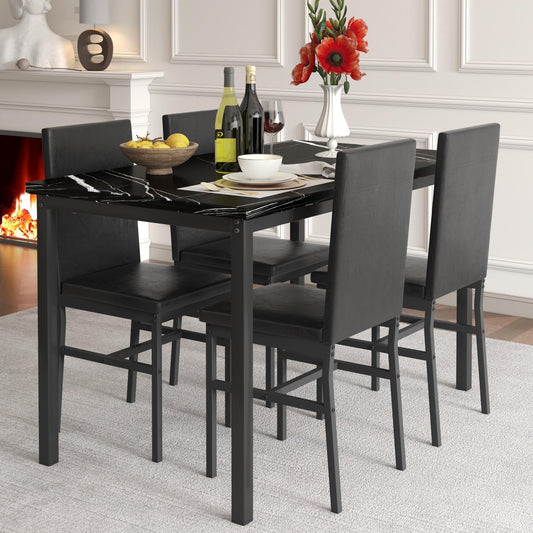 SEGAMRT 5 Piece Dining Table Set for Apartments, Faux Marble Tabletop 4 Leather Chairs Kitchen Dining