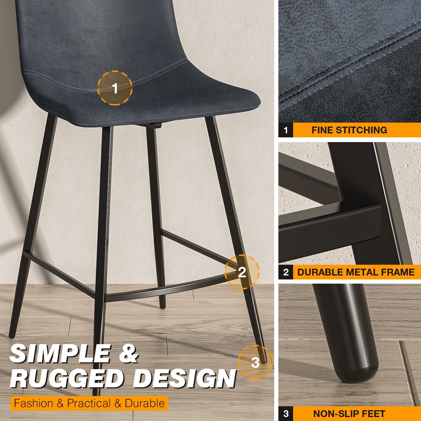 24in Tech Cloth Counter Height Bar Stools with Backs, Navy Blue, Set of 2