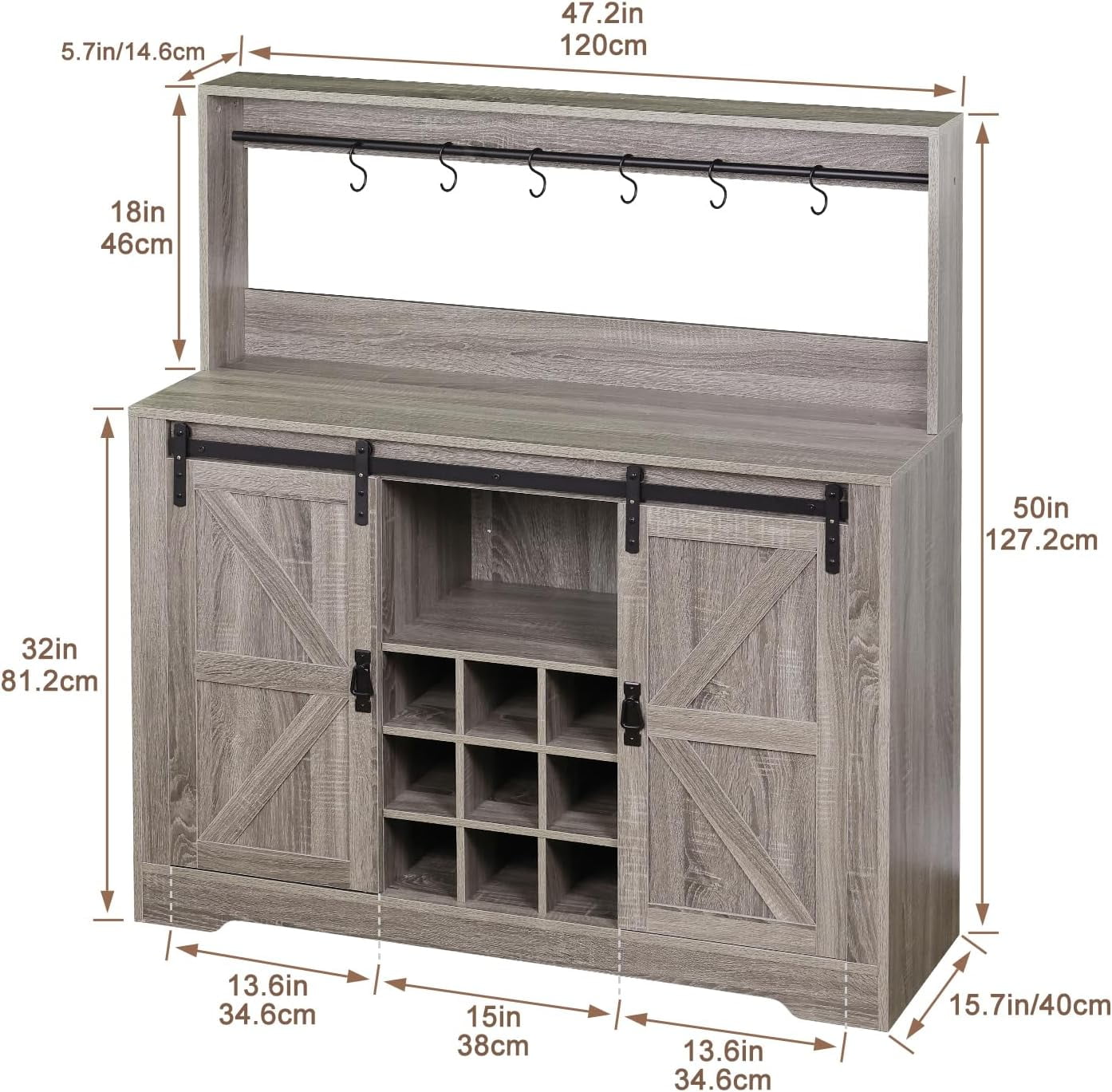SNYNUXX 47?Æù Sideboard Cabinet, Storage Cabinet Buffet Table with Wine Rack & 6 Hooks, Storage for Kitchen and Living Room, Washed Gray
