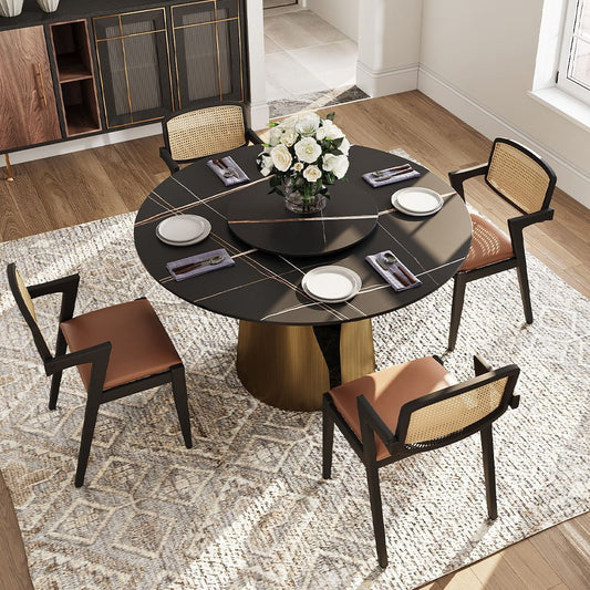 POVISON 51in Modern Black Round Dining Table with Lazy Susan for 4¡°?Matte Sintered Stone Table, Bronze Carbon Steel Base