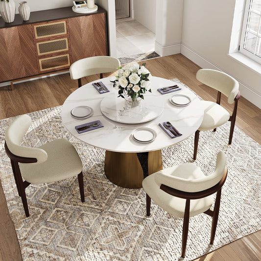 POVISON 51in Modern White Round Dining Table with Lazy Susan for 4, Glossy Sintered Stone Table, Bronze Carbon Steel Base
