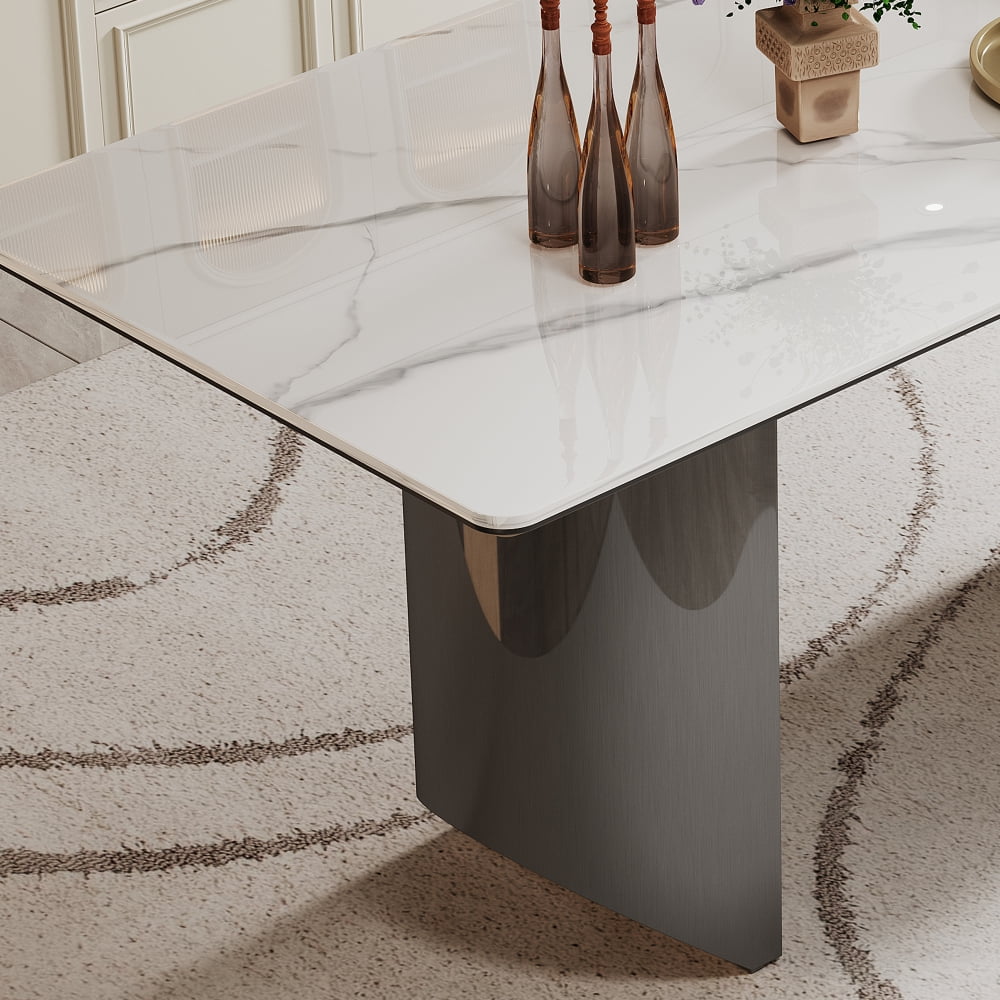 0.47in Thick Sintered Stone Composite Tempered Glass Top Dining Table with Stainless Steel Base