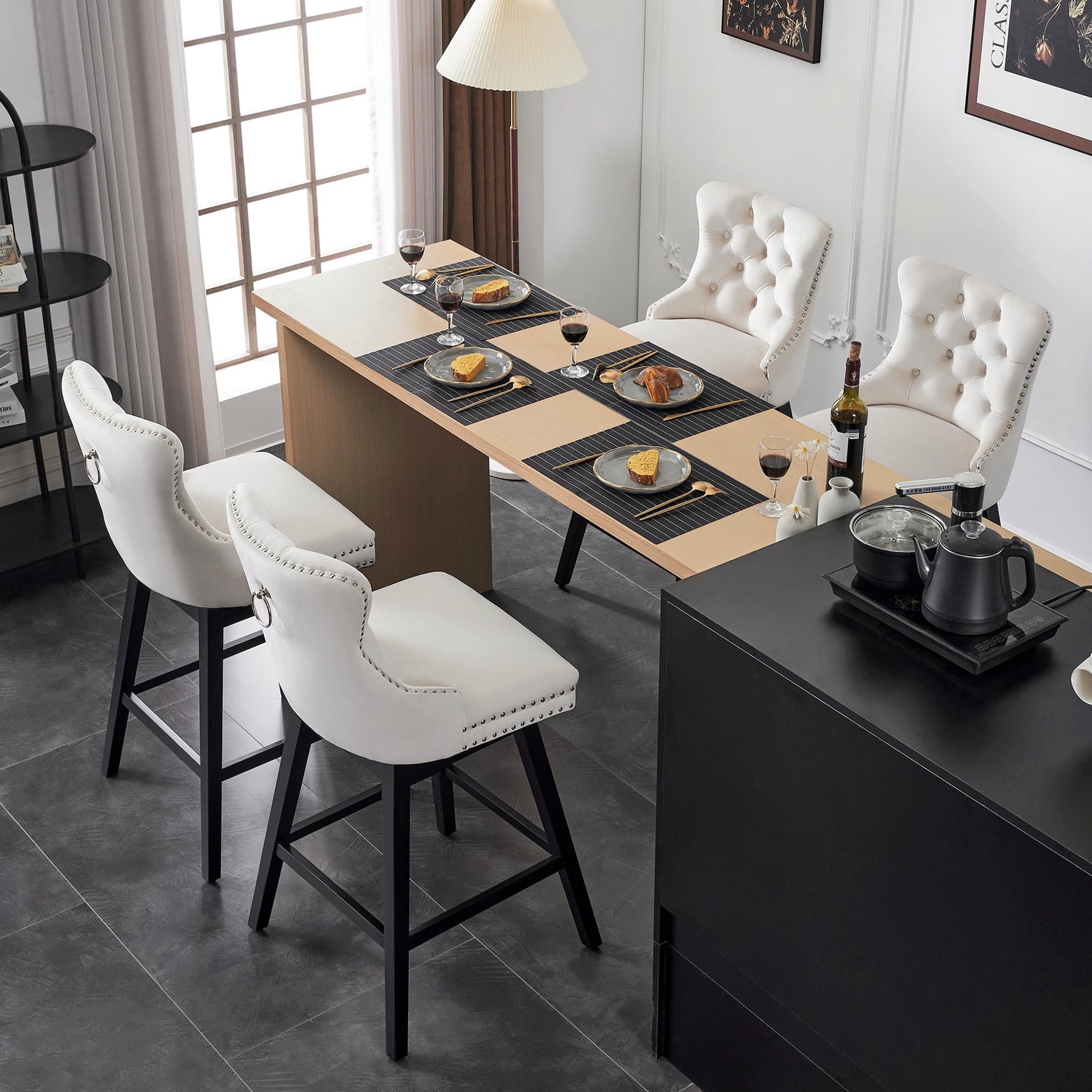 TEWLOSS Swivel Counter Height Bar Stools Set of 4 Velvet Barstools for Kitchen Island (26in , Beige)