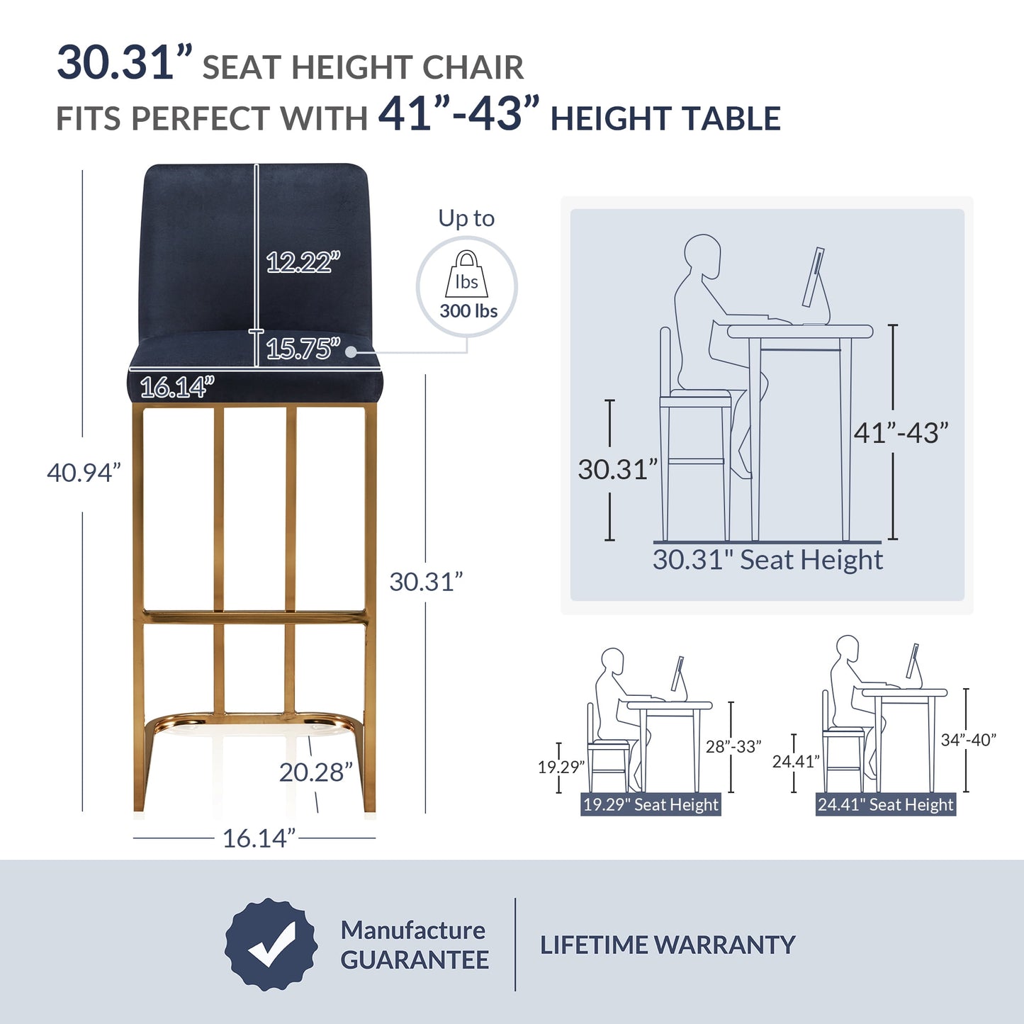 Belleze 30 inch Hutton Barstools Set of 2, Black Velvet Upholstered with Gold Frame, for Home & Restaurant