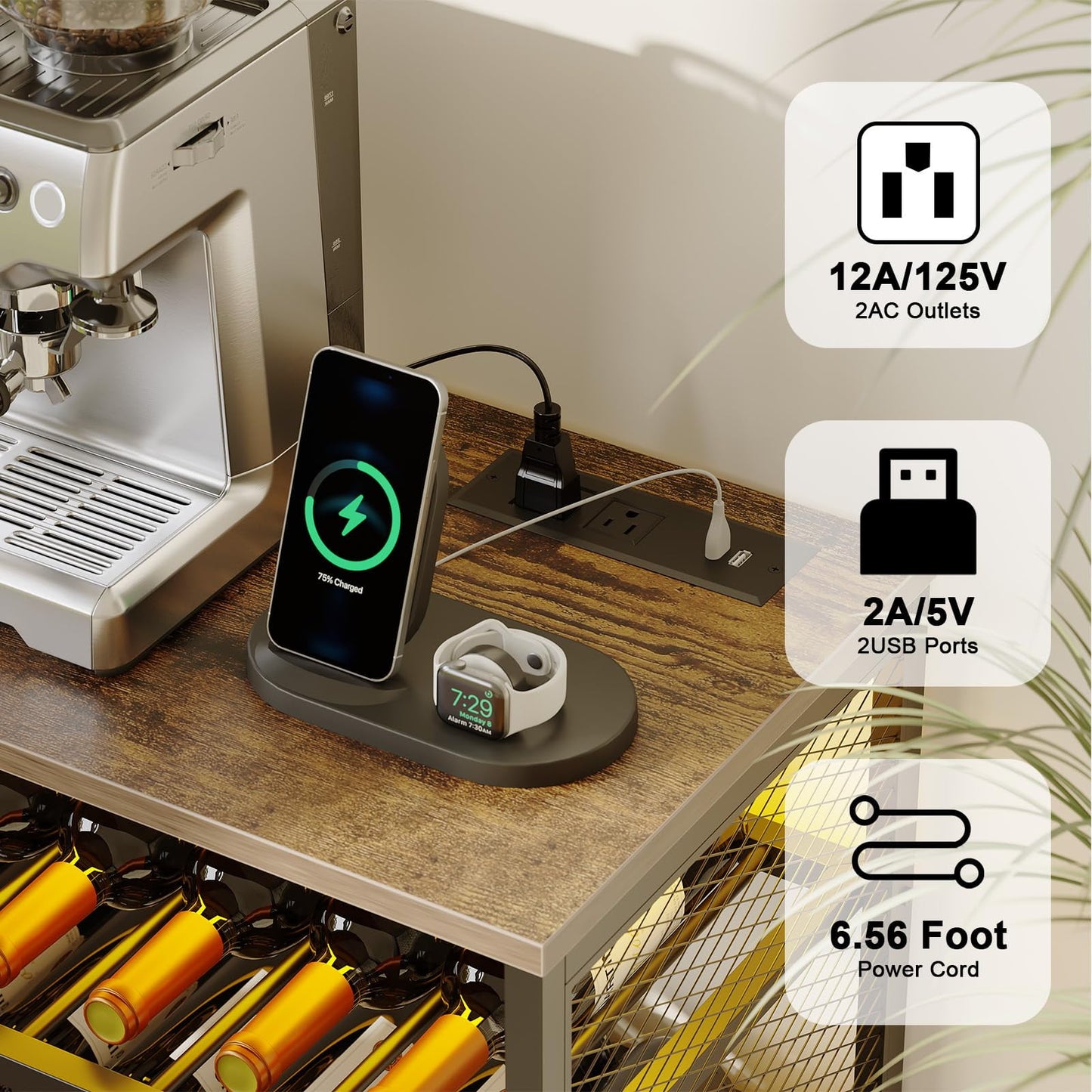 2024 New Bar Cabinet Wine Cabinet with Power Outlets, Liquor Cabinet with RGB Led Lights and Glass Holder, Storage Buffet Cabinet Coffee Bar Cabinet for Liquor, for Living Room