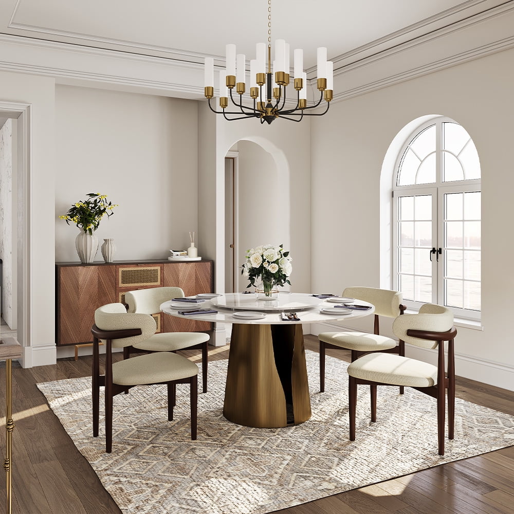 POVISON 59in Modern White Round Dining Table with Lazy Susan for 6, Glossy Sintered Stone Table, Bronze Carbon Steel Base