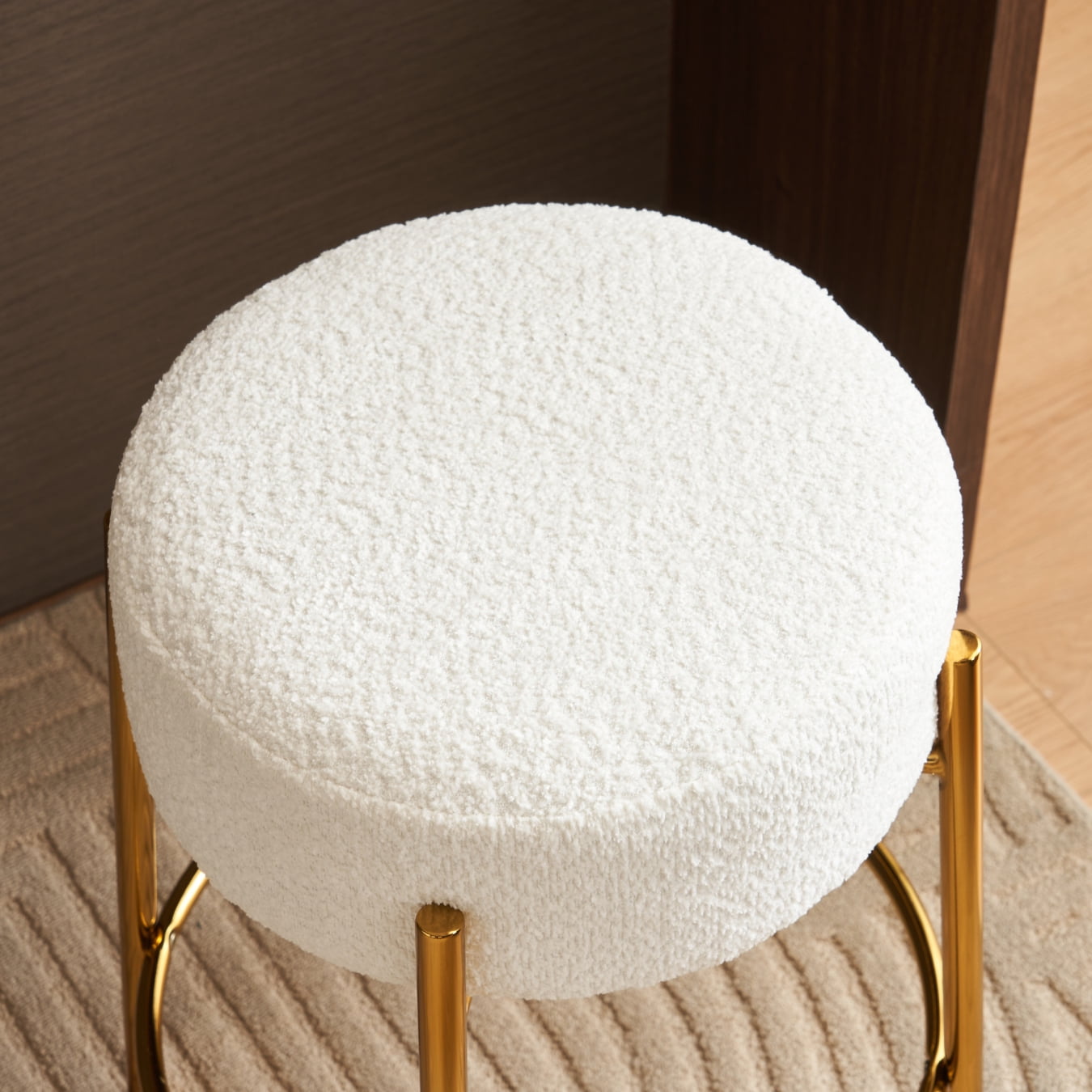 24in Round Bar Stools Set of 2,Counter Height Stools with Teddy Fabric Upholstered,Backless Kitchen Island Stools,Backless Dining Seat with Metal Base, Beige&Golden