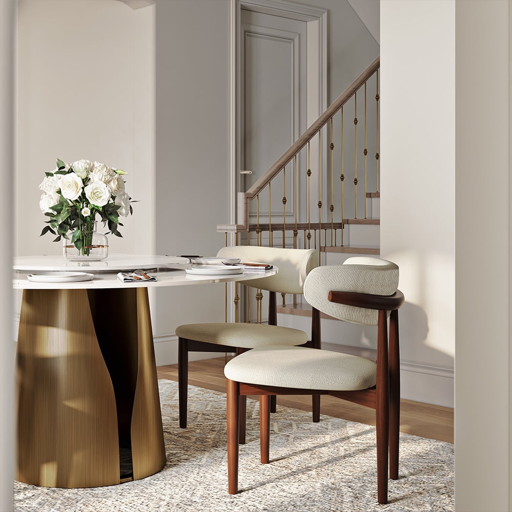 POVISON 51in Modern White Round Dining Table with Lazy Susan for 4, Glossy Sintered Stone Table, Bronze Carbon Steel Base