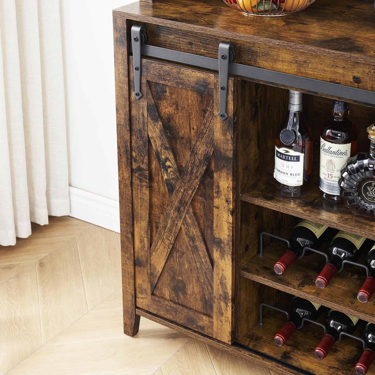 2024 New Farmhouse Coffee Bar Cabinet with Sliding Barn Door, 72in Tall Buffet Cabinet with Storage Shelves, Liquor Cabinet with Wine and Glasses Rack,Sideboard Cupboard for Kitchen,Dining Room