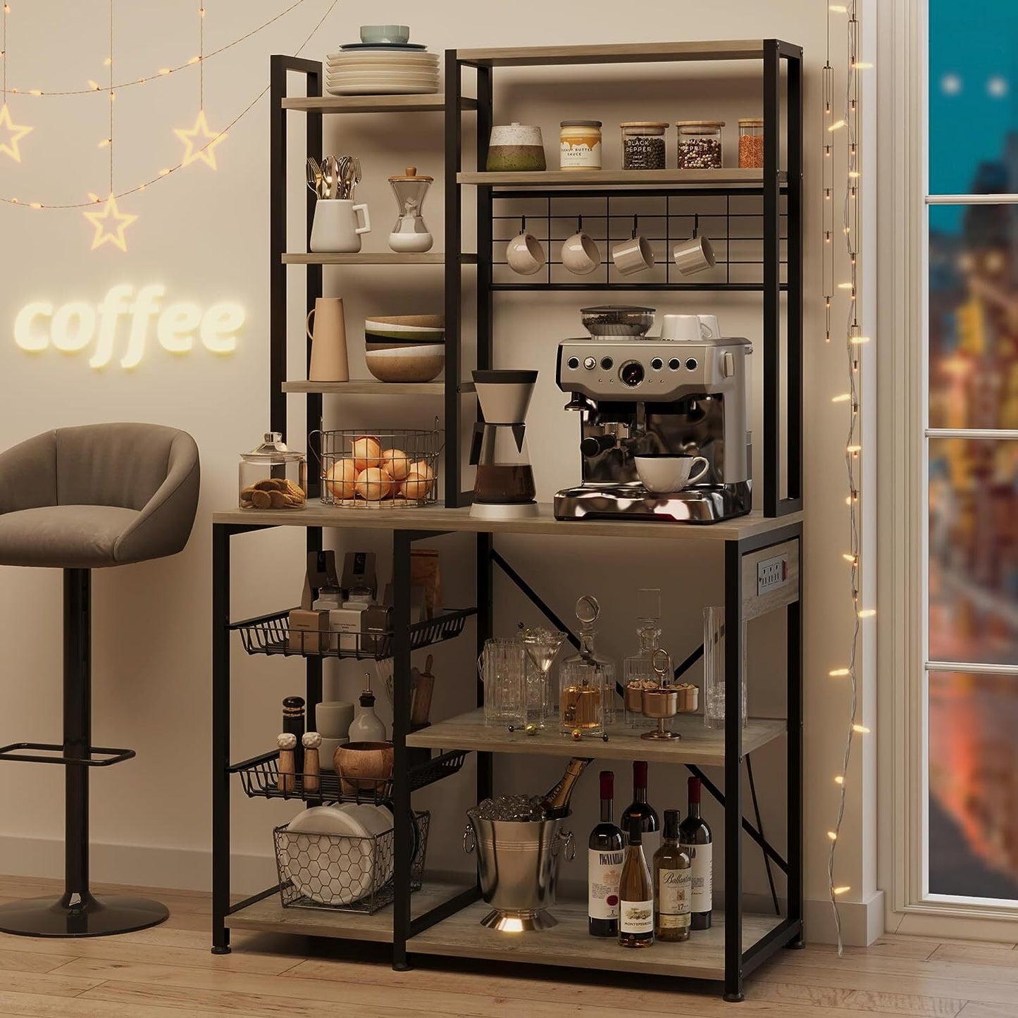 Towallmark Bakers Rack with 3 Power Outlets, 35.4 Inch for Microwave Stand Kitchens with Storage, Kitchen Rack, Kitchen Stand, Coffee Stand Bar, Grey