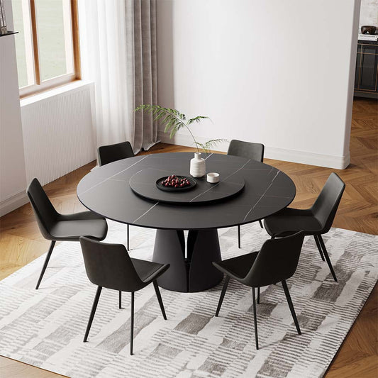 POVISON 59in Modern Round Black Kitchen Dining Table For 6 With Lazy Susan, Matte Sintered Stone Tabletop, Solid Black Carbon Steel Base