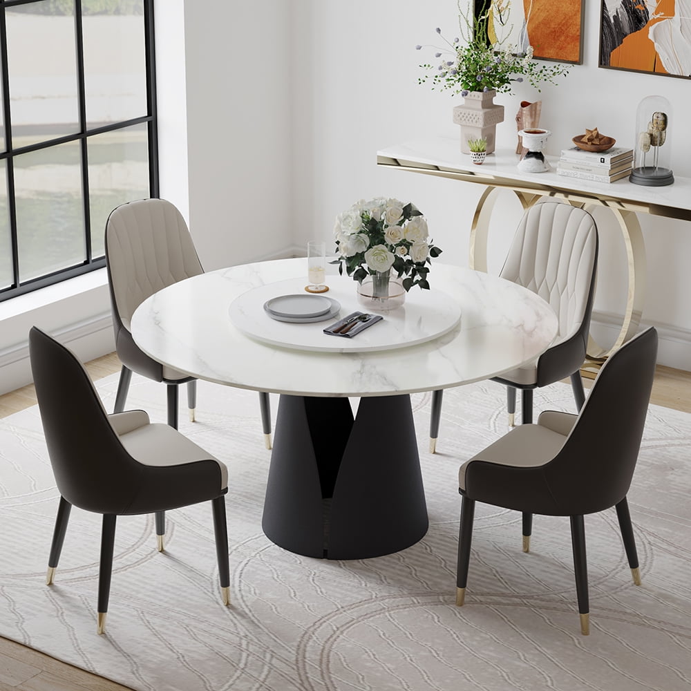POVISON 59in Modern Round Matte White Dining Table For 6 with Lazy Susan, Sintered Stone Tabletop, Solid Black Carbon Steel Base