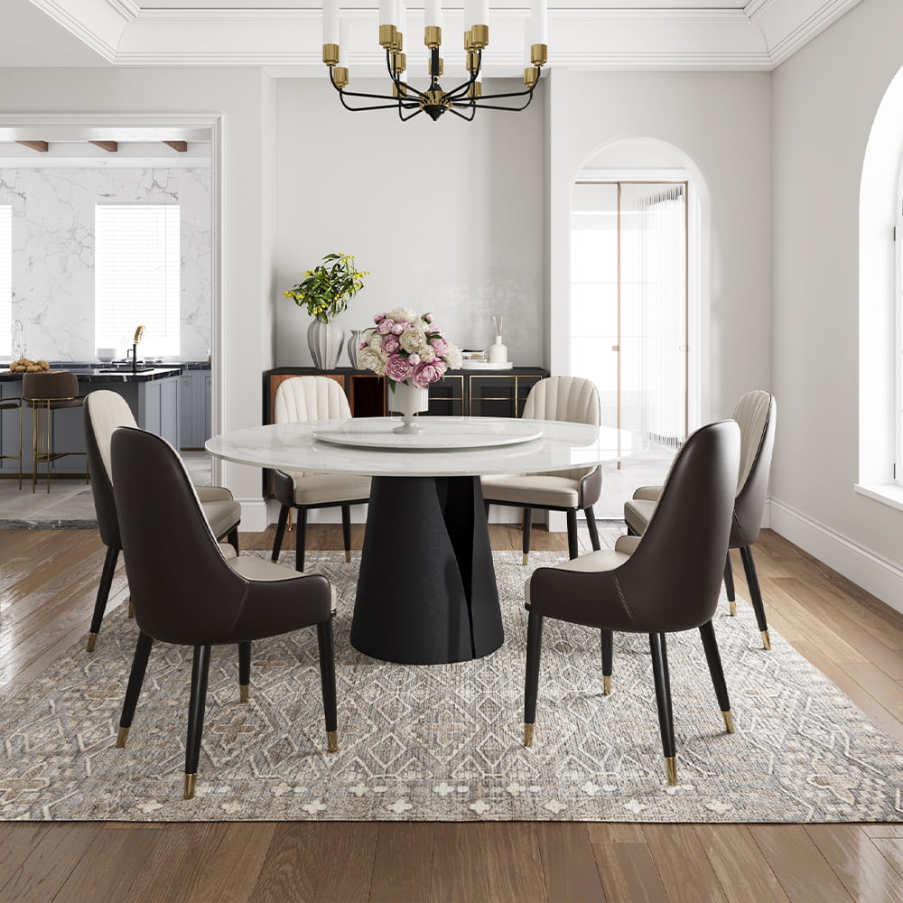 POVISON 59in Modern Round White Dining Table for 6 With Lazy Susan,Glossy Sintered Stone Tabletop, Solid Black Carbon Steel Base