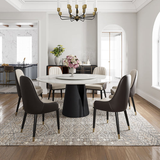 POVISON 59in Modern Round White Dining Table for 6 With Lazy Susan,Glossy Sintered Stone Tabletop, Solid Black Carbon Steel Base